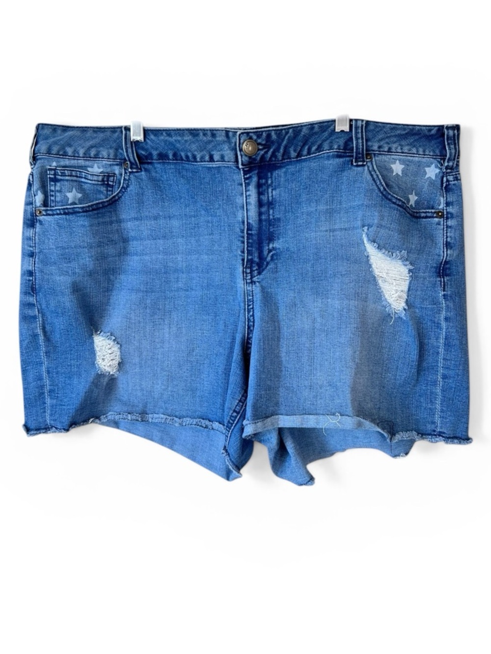 Lane Bryant Distressed Denim Weekend Short Raw Hem and star print at pockets